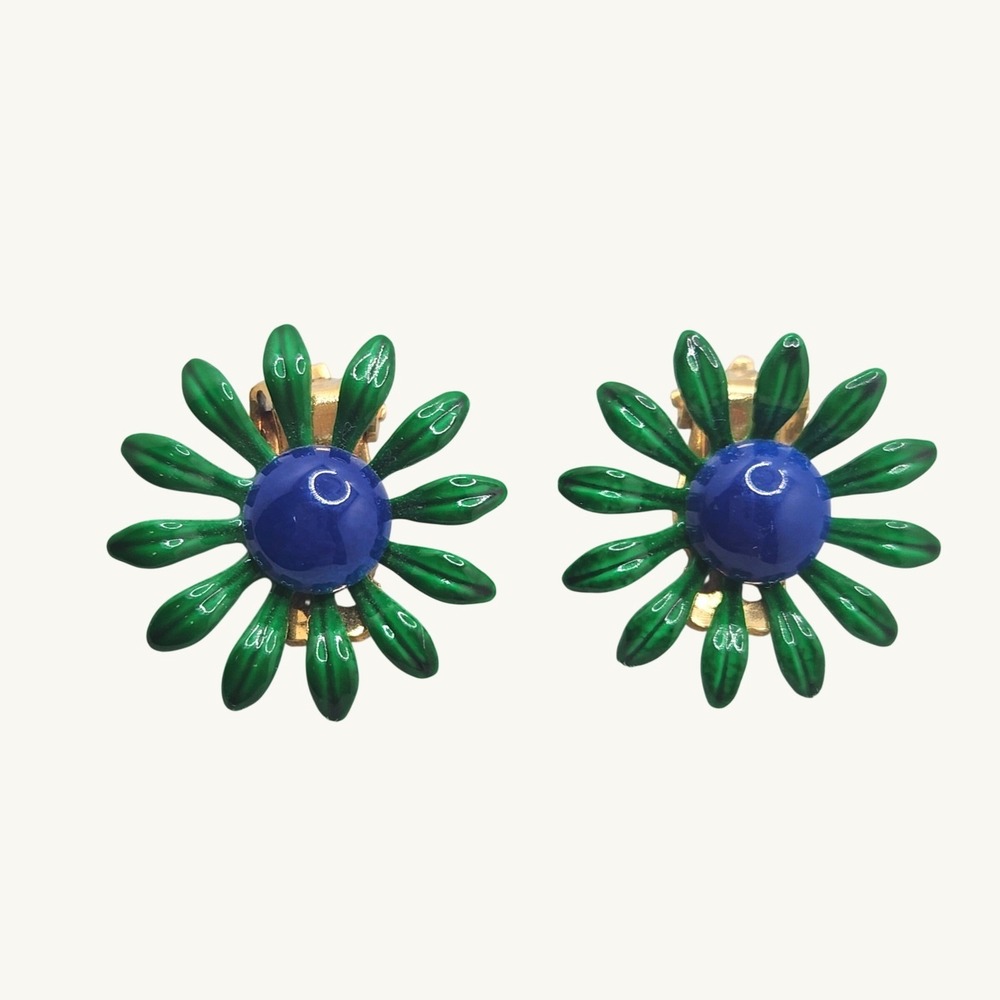 Vintage Enamel Flower Clip On Earrings Green Blue Mod Pop Art 1960s Retro Floral